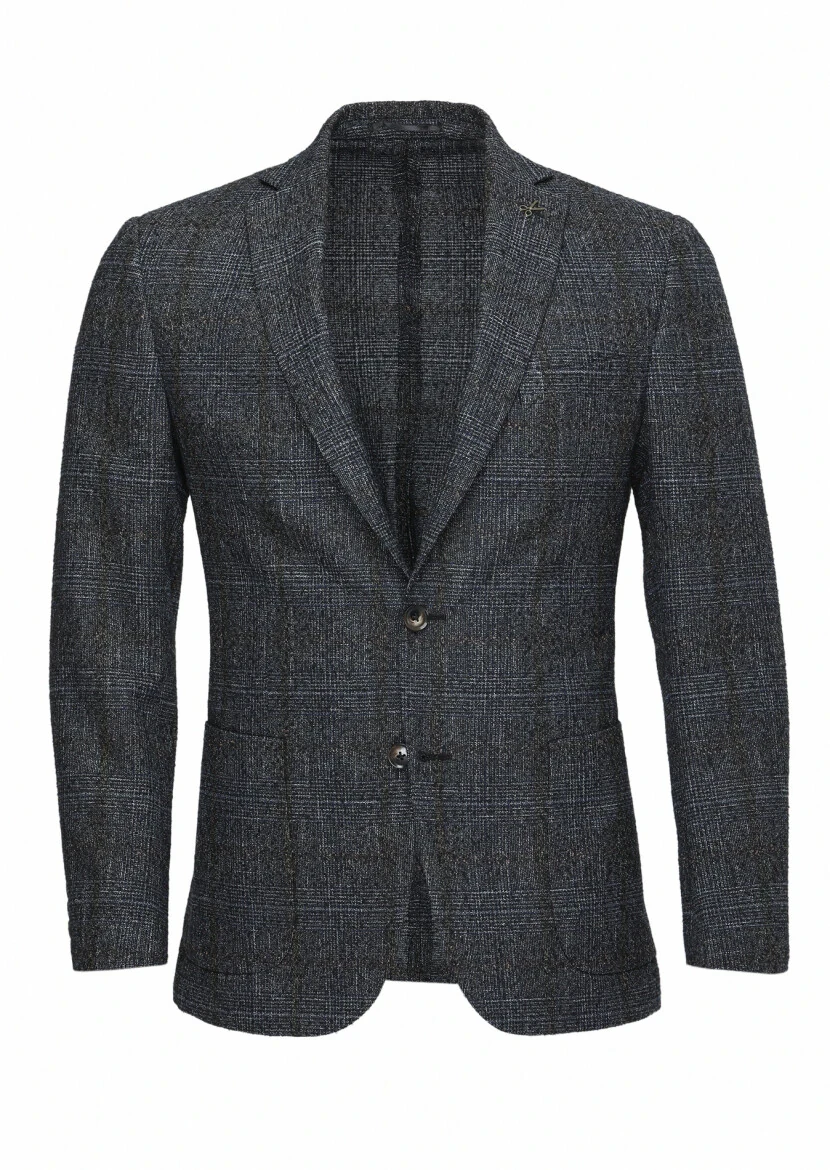 Black Checkered Zeroweight Slim Fit Wool Blended Jacket - 1