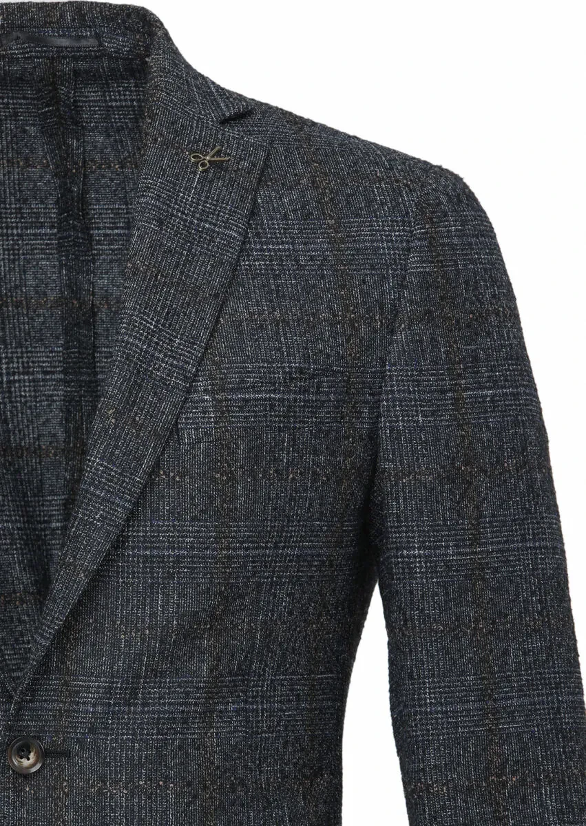 Black Checkered Zeroweight Slim Fit Wool Blended Jacket - 2