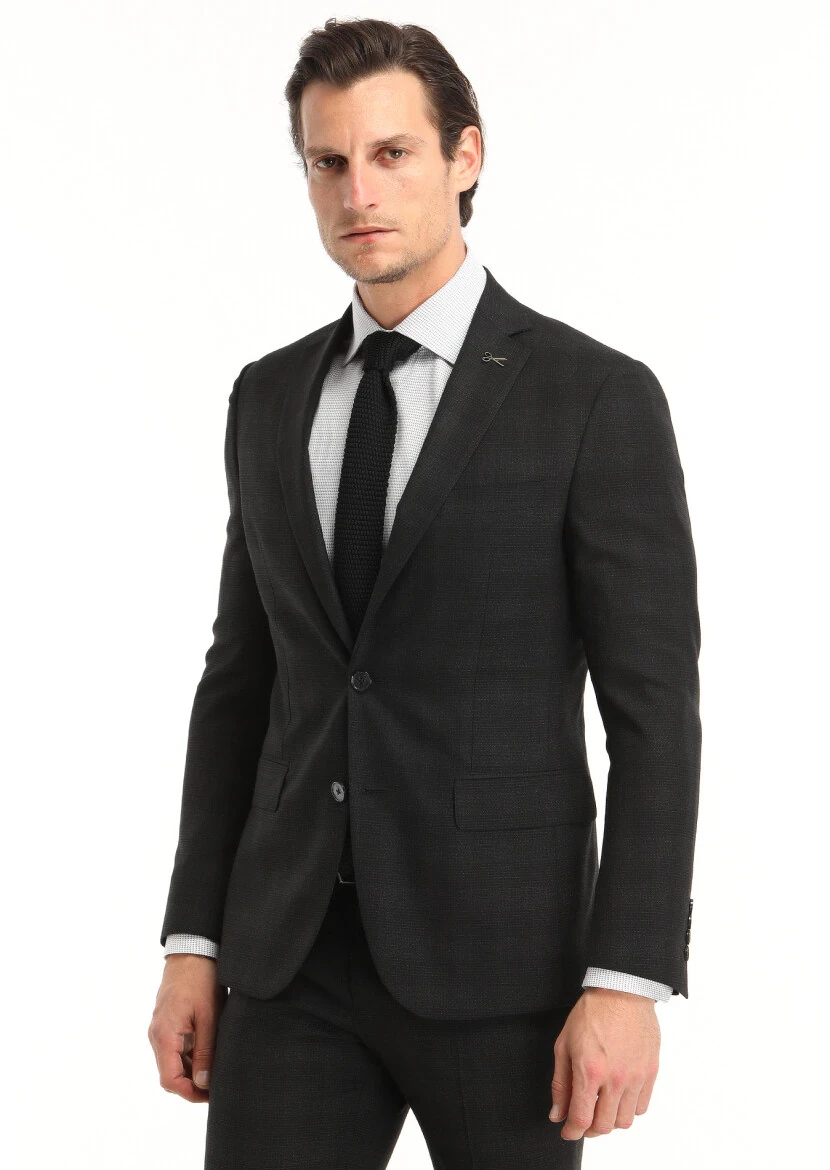 Black Checkered Zeroweight Slim Fit Wool Blended Suit - 2