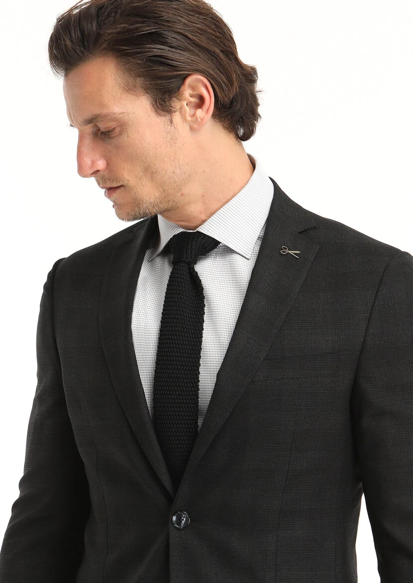 Black Checkered Zeroweight Slim Fit Wool Blended Suit - 3