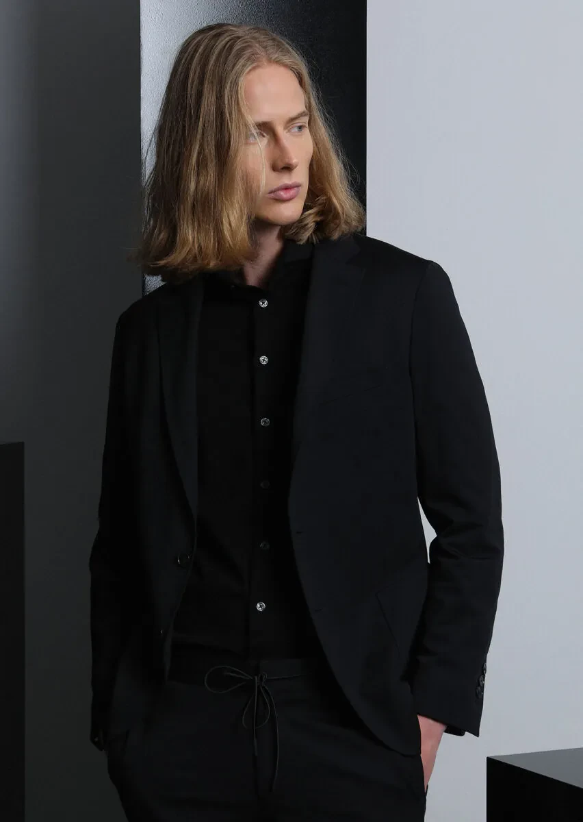 Black Fitted Fit Knitting Casual Cotton Blended Shirt - 1