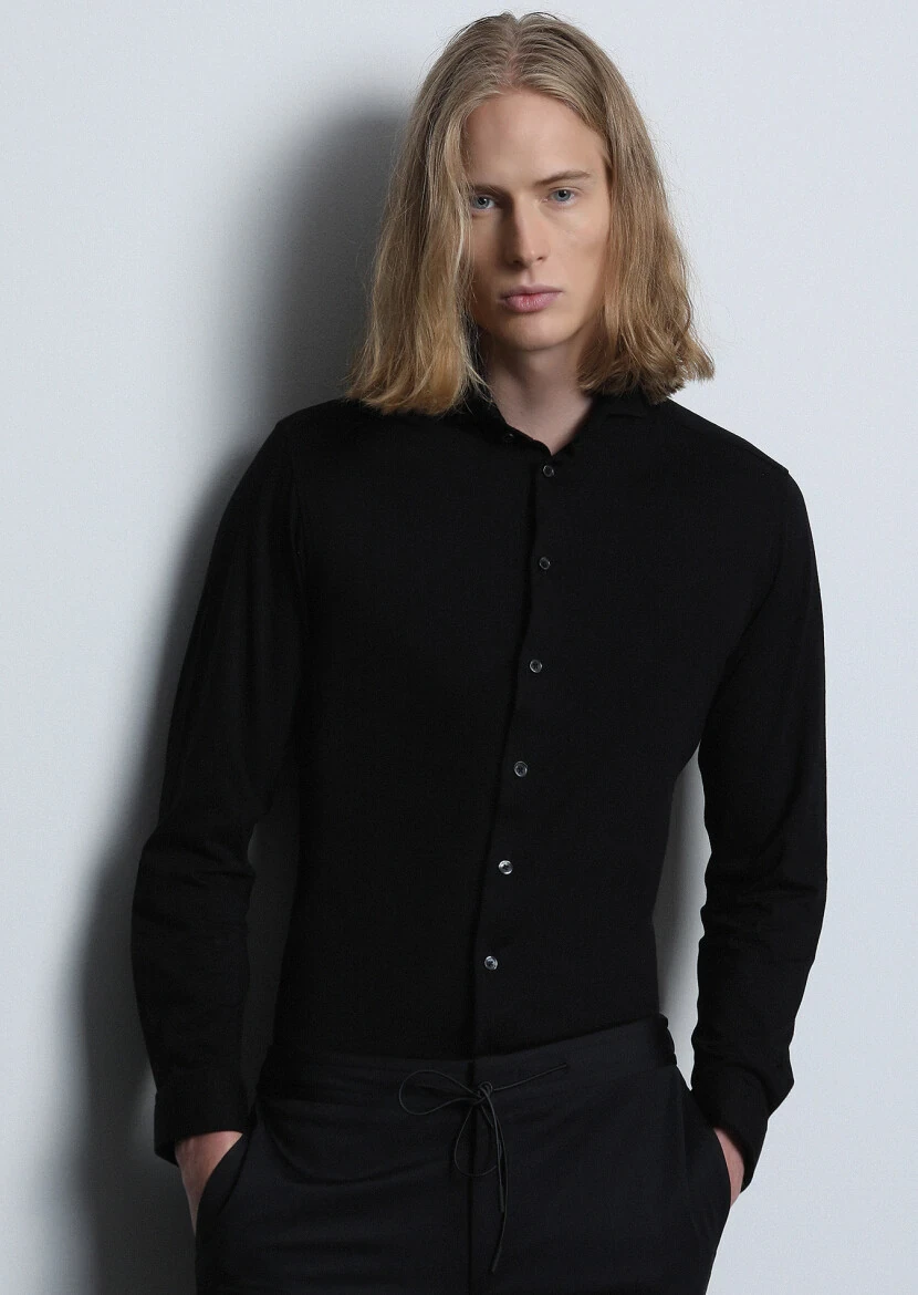 Black Fitted Fit Knitting Casual Cotton Blended Shirt - 2