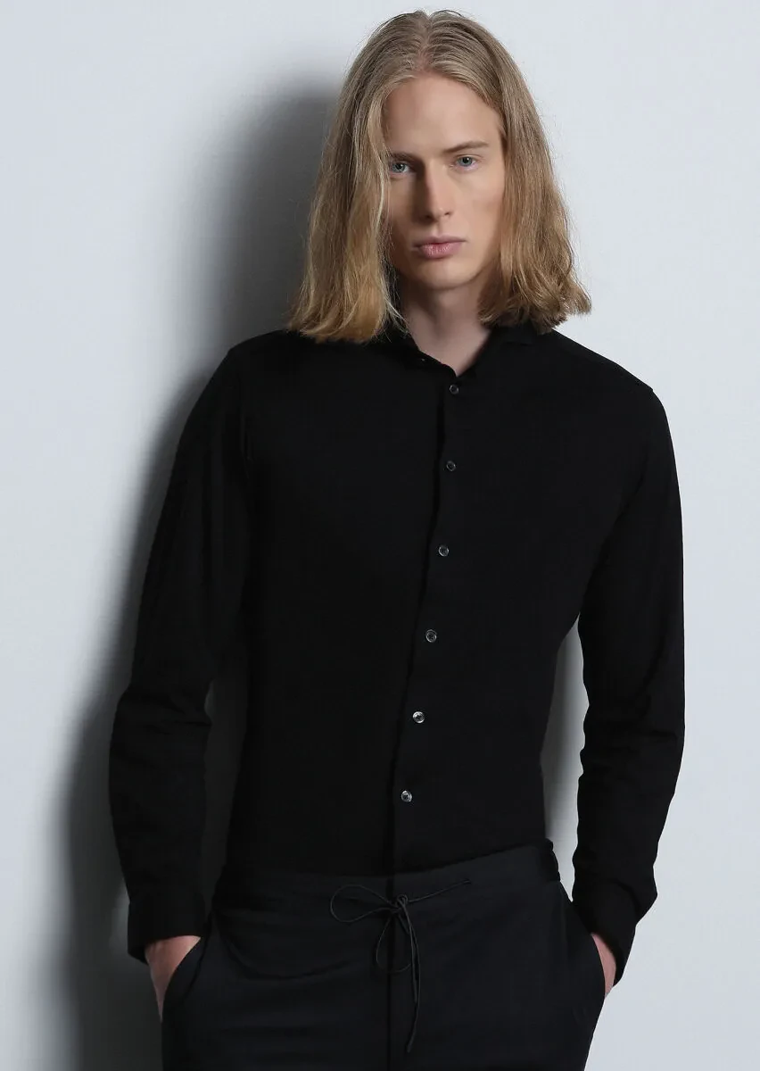 Black Fitted Fit Knitting Casual Cotton Blended Shirt - 2