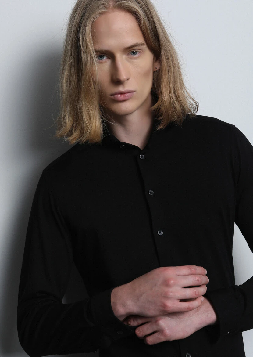 Black Fitted Fit Knitting Casual Cotton Blended Shirt - 3