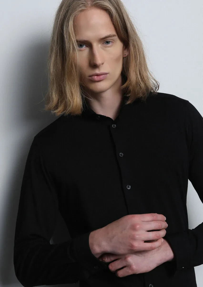 Black Fitted Fit Knitting Casual Cotton Blended Shirt - 3