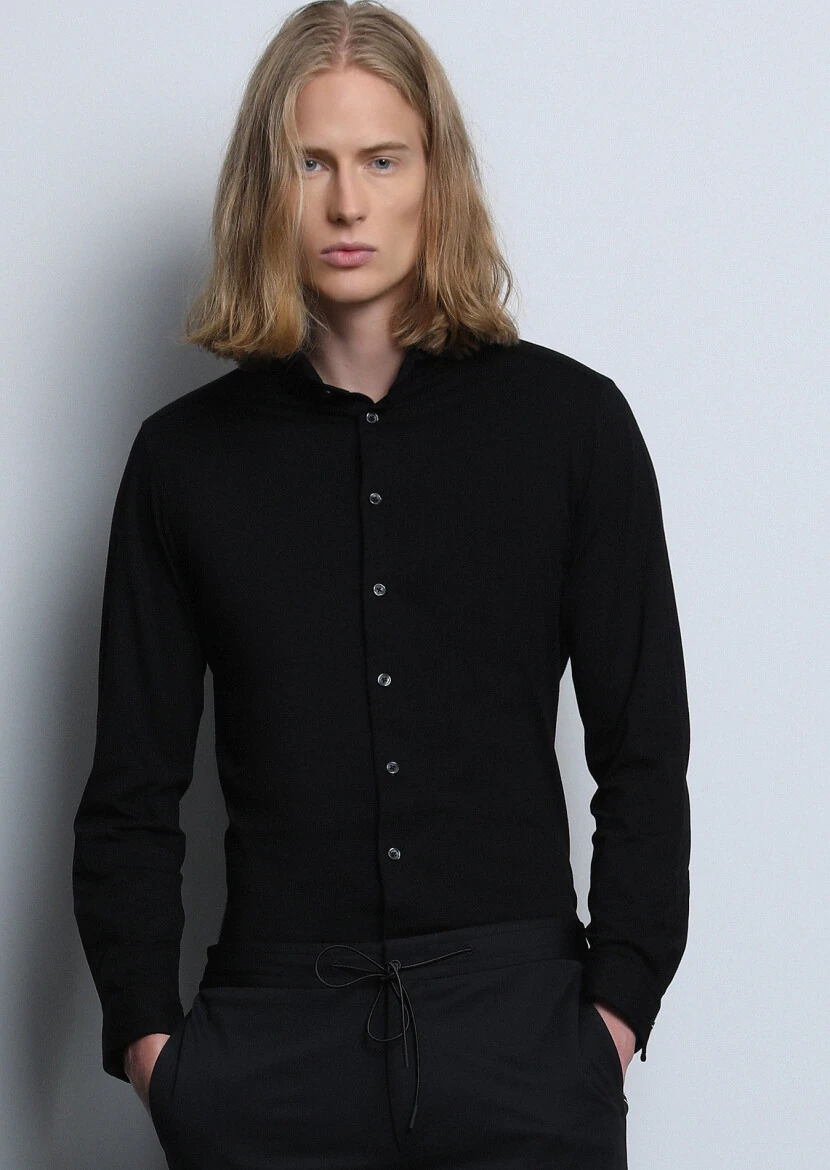 Black Fitted Fit Knitting Casual Cotton Blended Shirt - 5