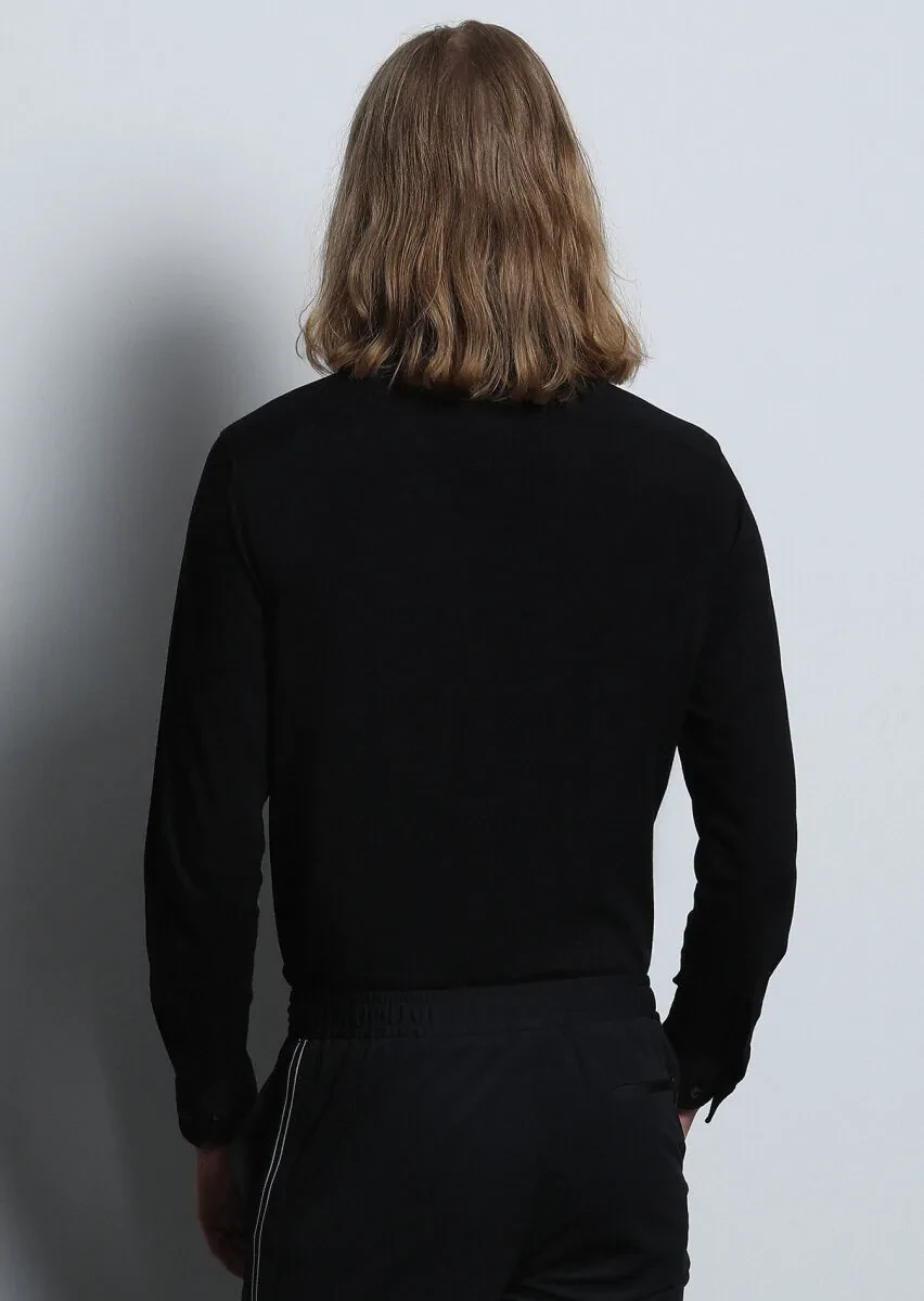 Black Fitted Fit Knitting Casual Cotton Blended Shirt - 6