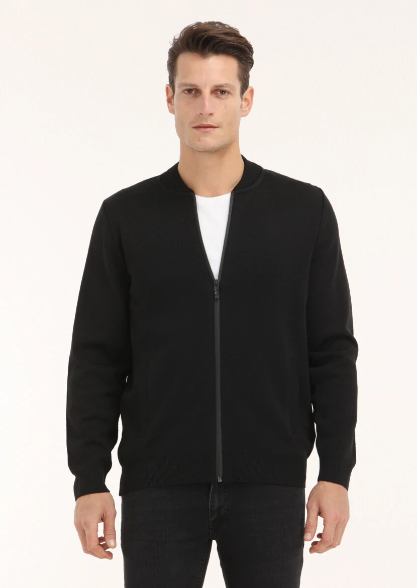 Black Hooded Plain Knitting Wool Blended Cardigan - 2