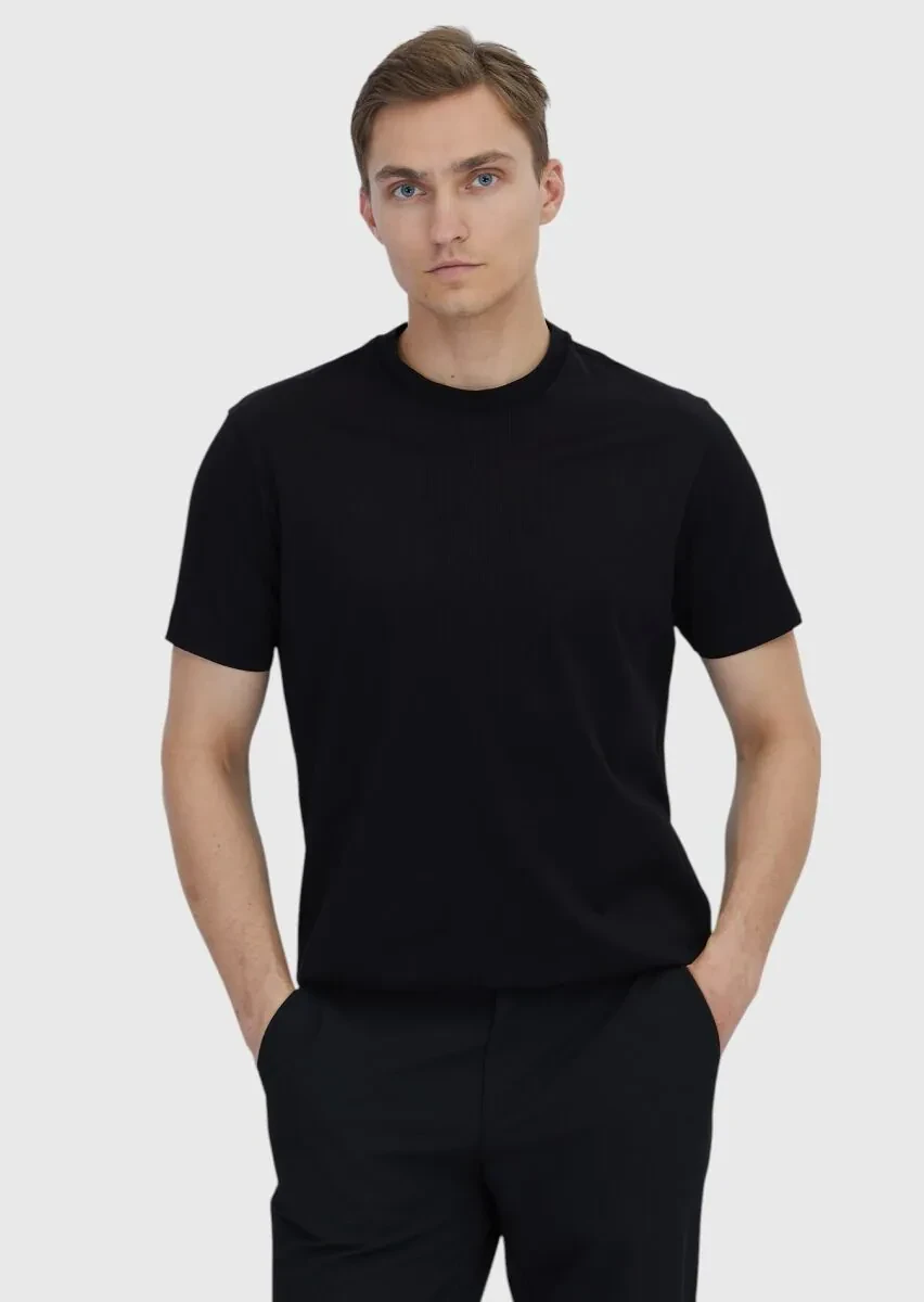 Black Jacquard Crew Neck 100% Cotton T-Shirt - 1
