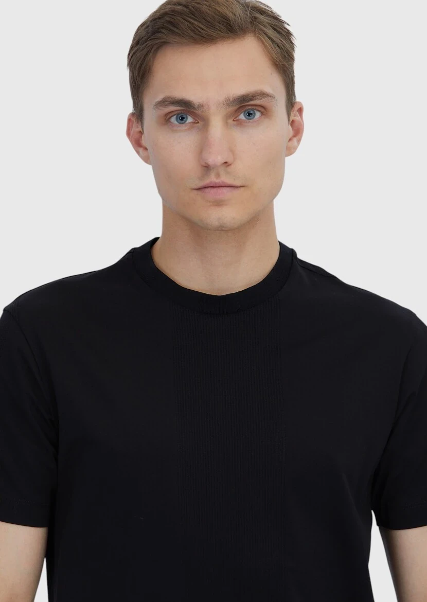 Black Jacquard Crew Neck 100% Cotton T-Shirt - 3