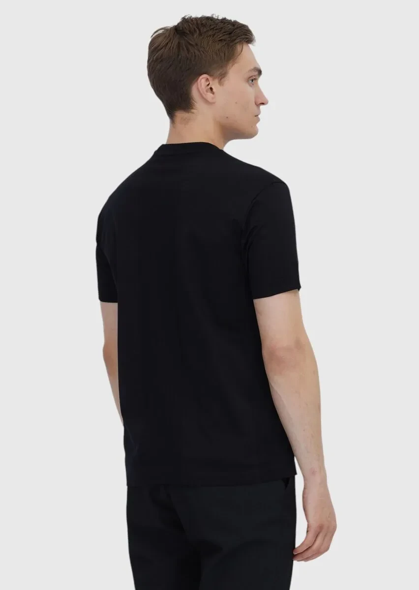 Black Jacquard Crew Neck 100% Cotton T-Shirt - 5