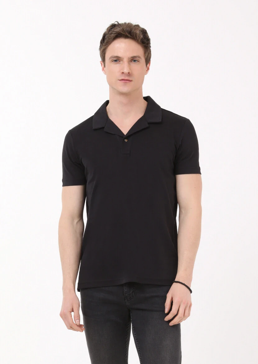 Black Jacquard Cuban Collar 100% Cotton T-Shirt - 1