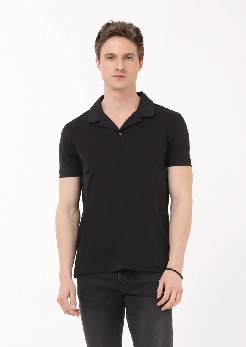 Black Jacquard Cuban Collar 100% Cotton T-Shirt - 1