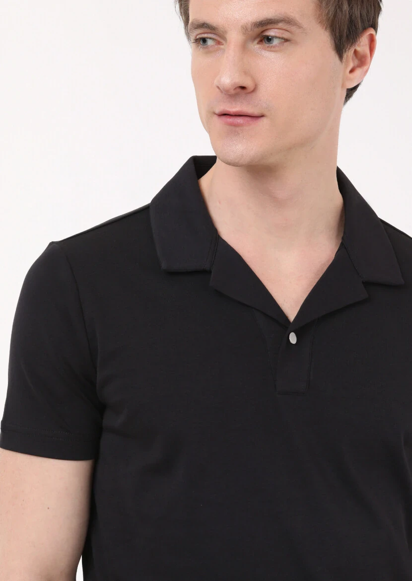 Black Jacquard Cuban Collar 100% Cotton T-Shirt - 2