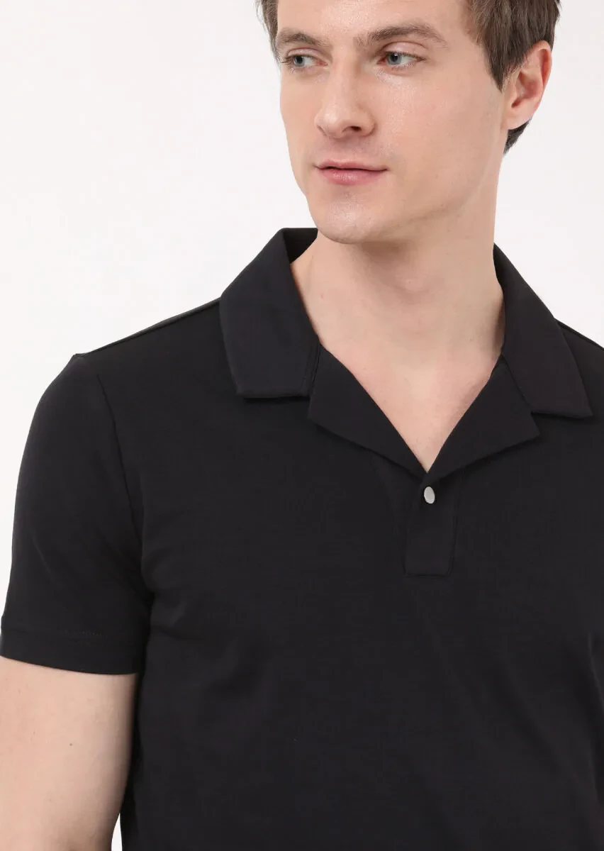Black Jacquard Cuban Collar 100% Cotton T-Shirt - 2
