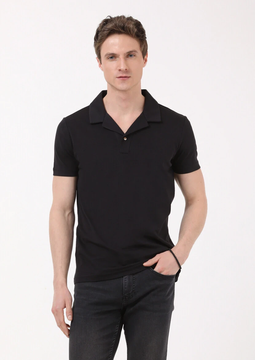 Black Jacquard Cuban Collar 100% Cotton T-Shirt - 3