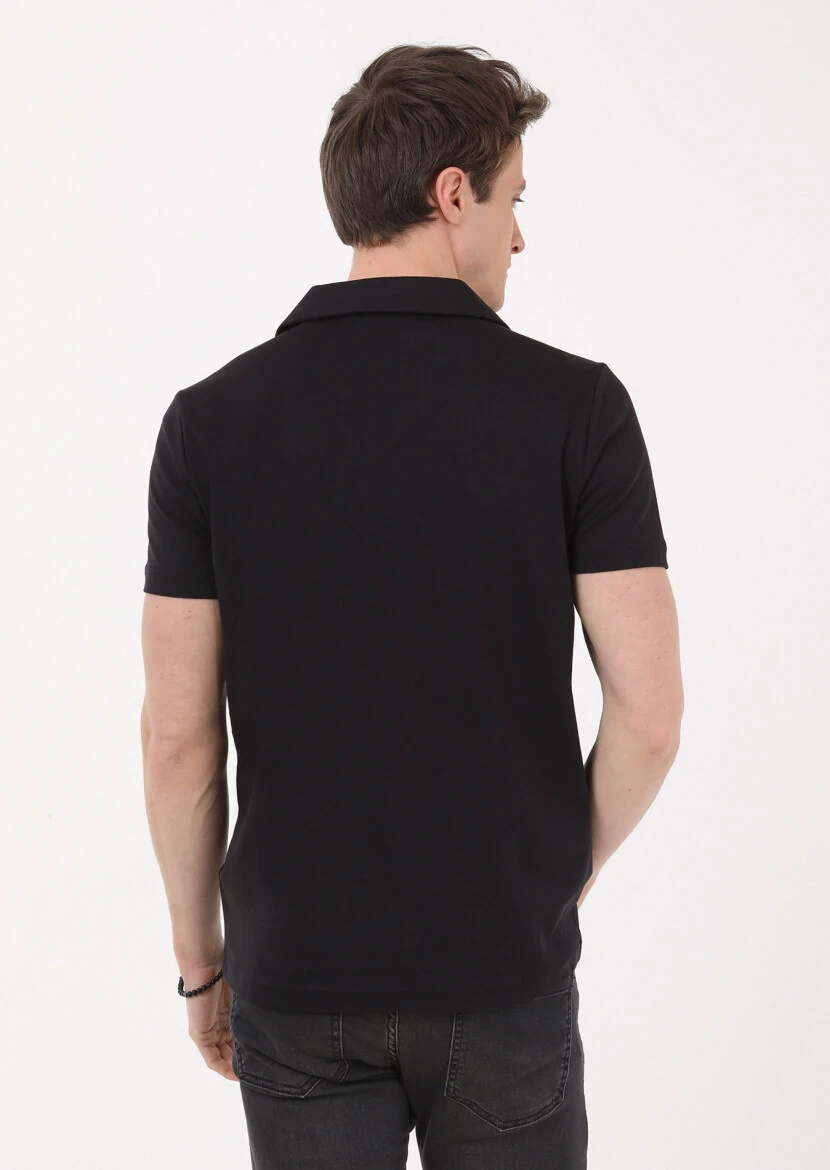 Black Jacquard Cuban Collar 100% Cotton T-Shirt - 4