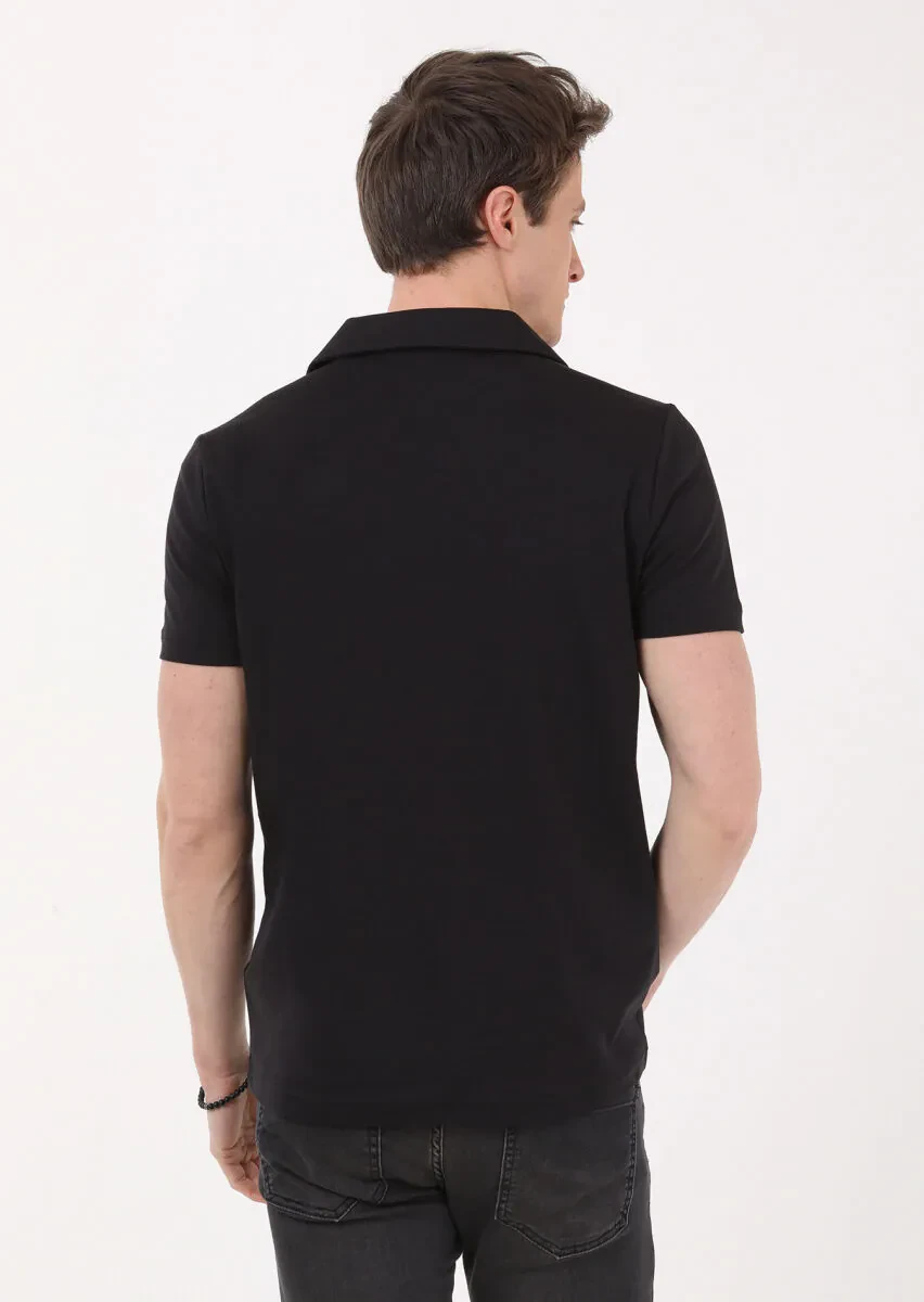 Black Jacquard Cuban Collar 100% Cotton T-Shirt - 4