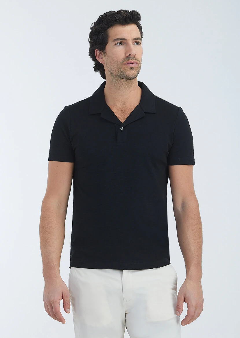 Black Jacquard Cuban Collar 100% Cotton T-Shirt 