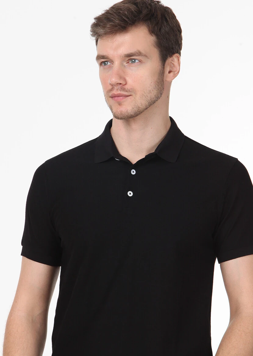 Black Jacquard Polo Neck 100% Cotton T-Shirt 