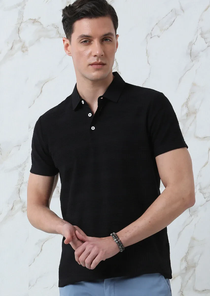 Black Jacquard Polo Neck 100% Cotton T-Shirt - 2