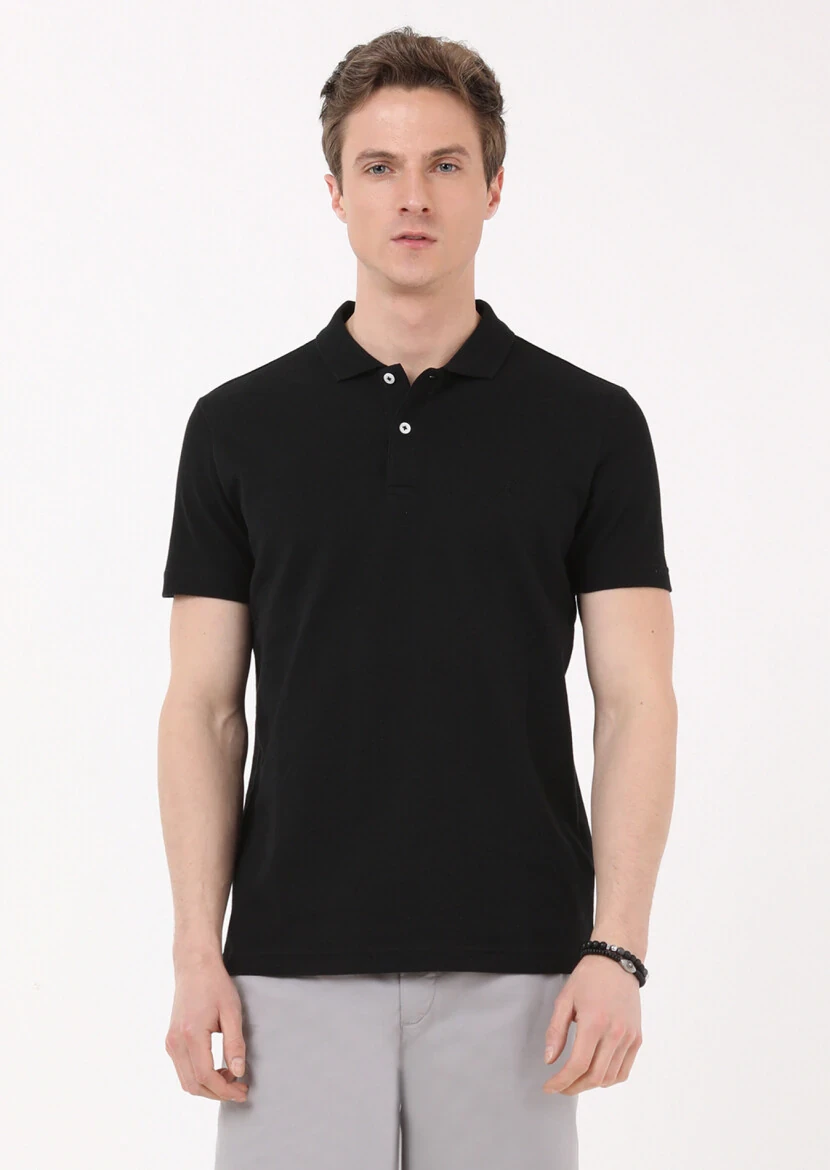 Black Jacquard Polo Neck 100% Cotton T-Shirt - 1