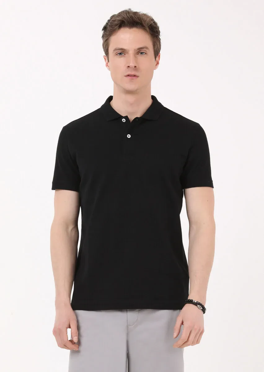 Black Jacquard Polo Neck 100% Cotton T-Shirt - 1
