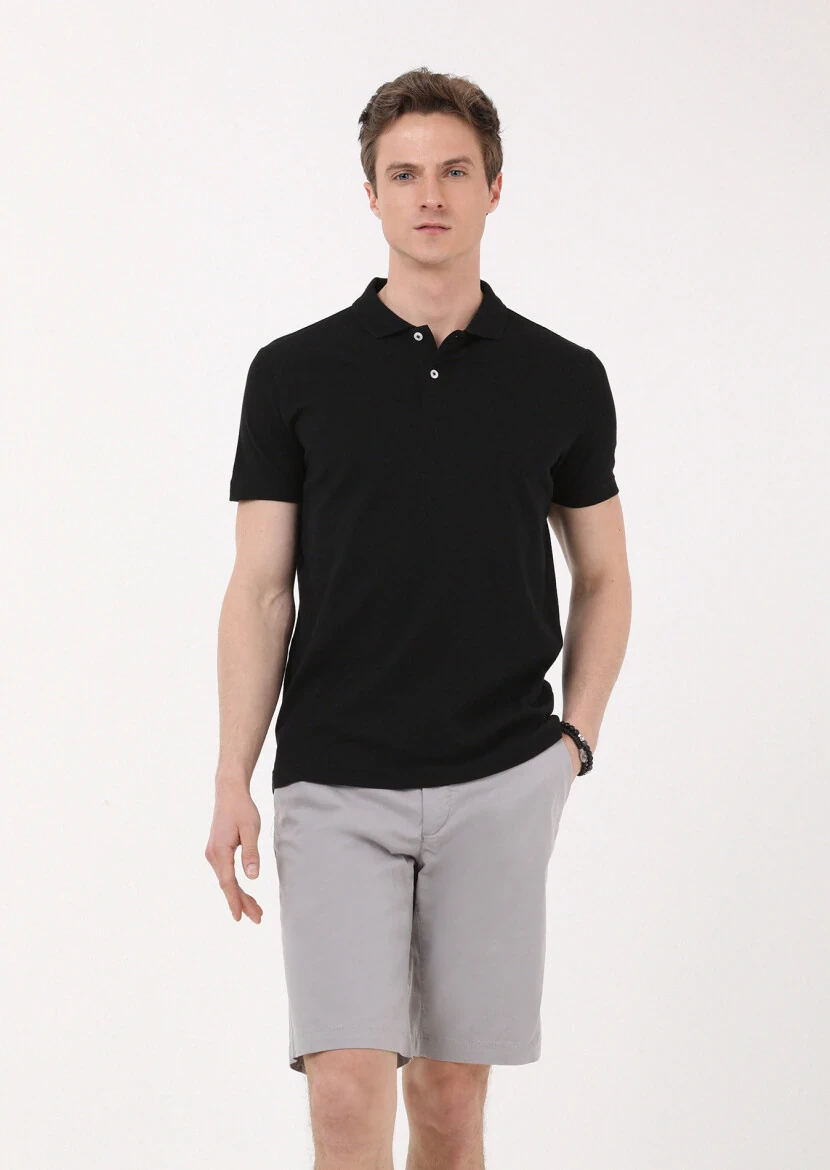 Black Jacquard Polo Neck 100% Cotton T-Shirt 