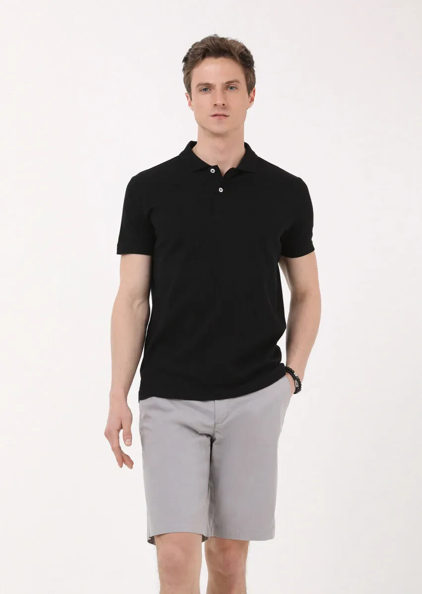 Black Jacquard Polo Neck 100% Cotton T-Shirt - 2