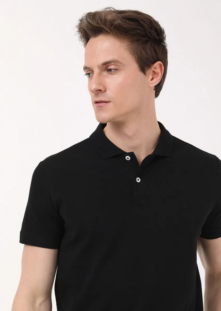 Black Jacquard Polo Neck 100% Cotton T-Shirt - 3