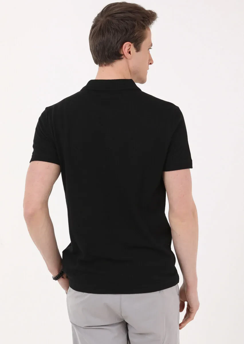 Black Jacquard Polo Neck 100% Cotton T-Shirt - 4