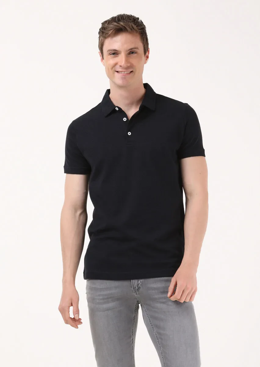 Black Jacquard Polo Neck 100% Cotton T-Shirt - 1