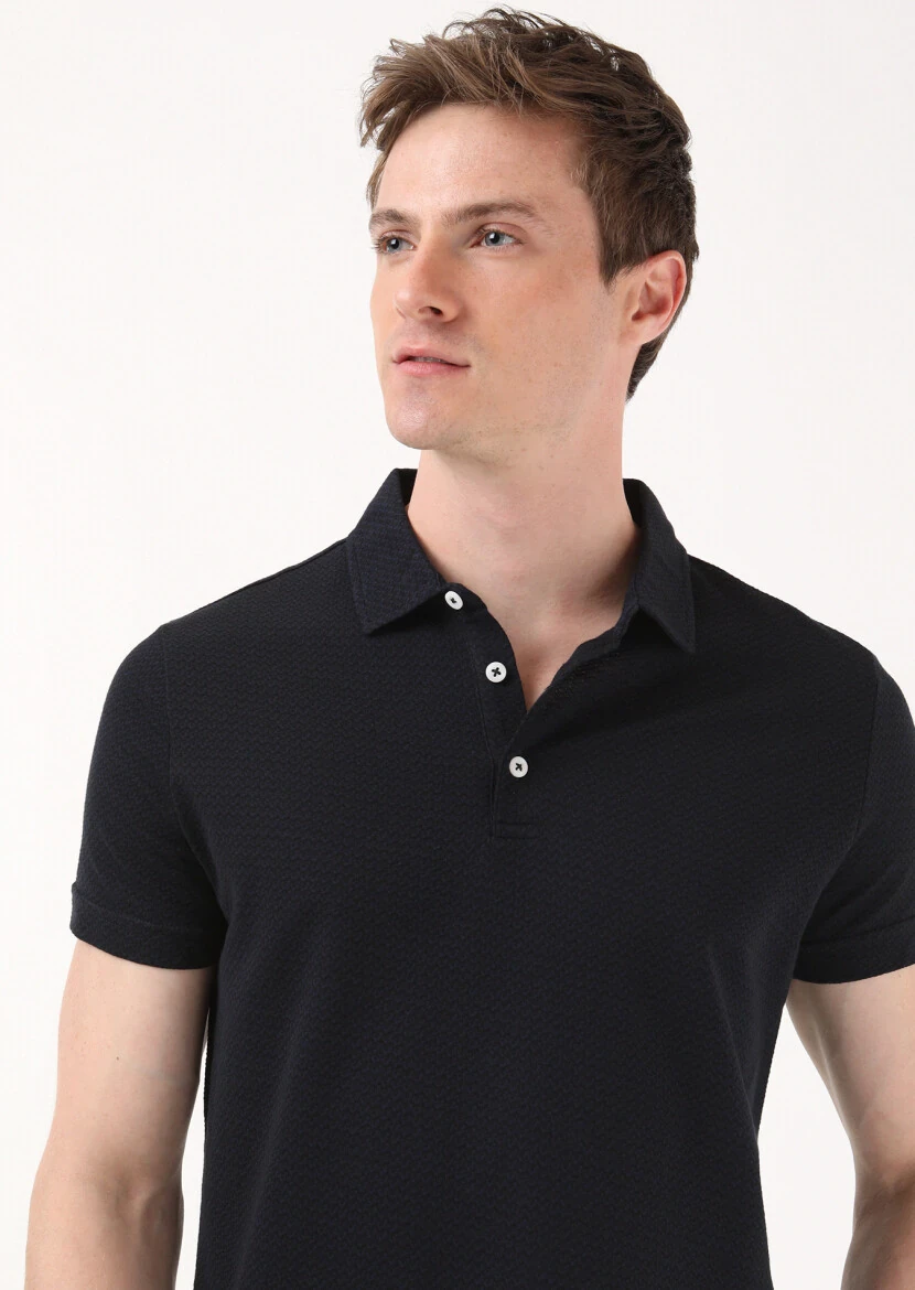 Black Jacquard Polo Neck 100% Cotton T-Shirt 