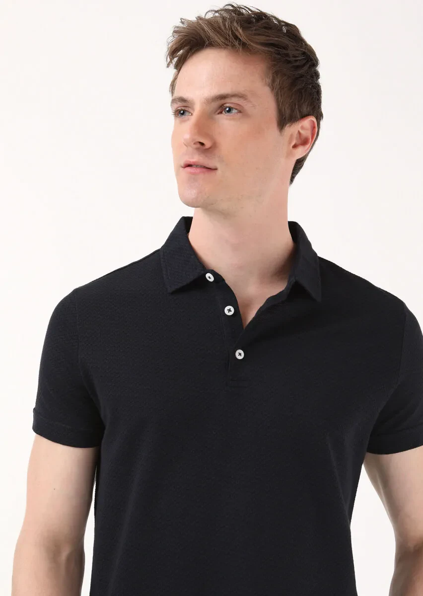 Black Jacquard Polo Neck 100% Cotton T-Shirt - 2