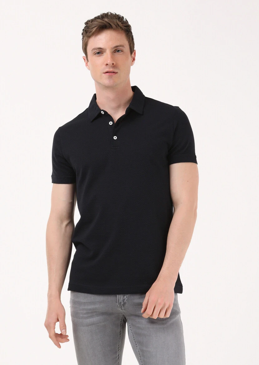 Black Jacquard Polo Neck 100% Cotton T-Shirt - 3