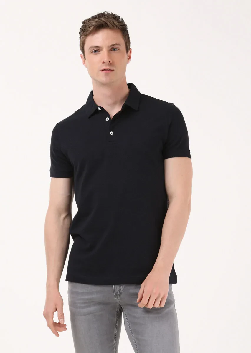 Black Jacquard Polo Neck 100% Cotton T-Shirt - 3