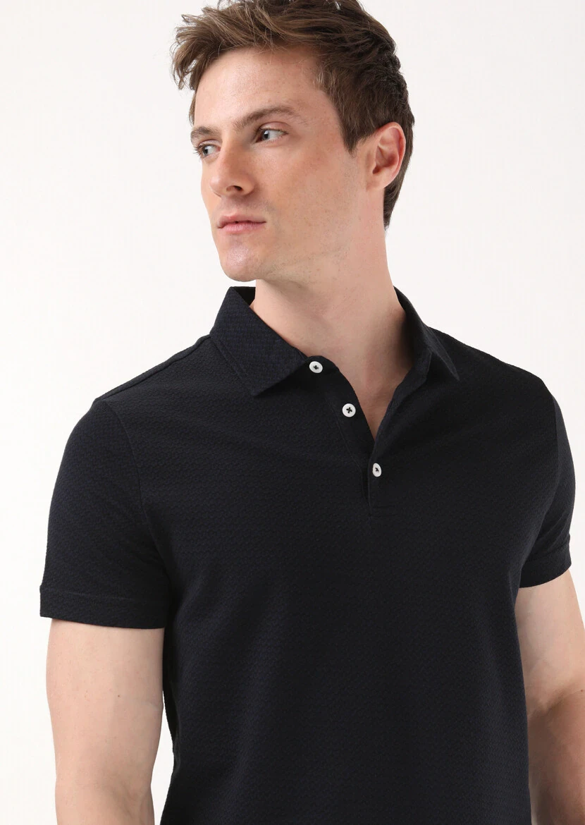 Black Jacquard Polo Neck 100% Cotton T-Shirt - 4