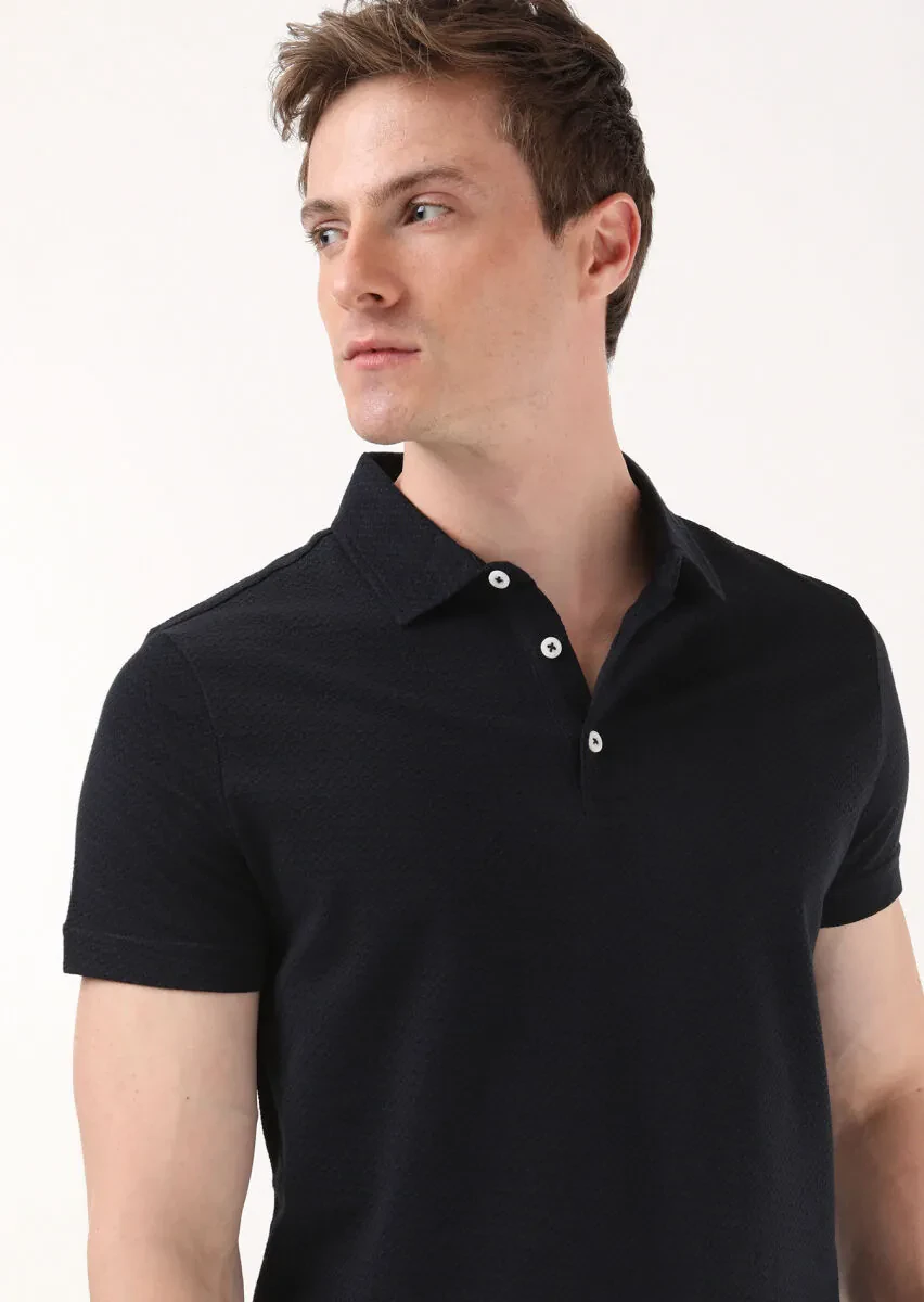 Black Jacquard Polo Neck 100% Cotton T-Shirt - 4