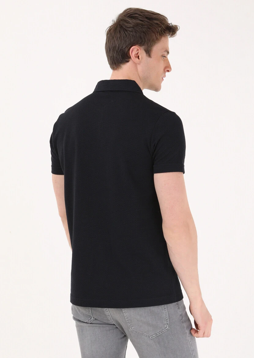 Black Jacquard Polo Neck 100% Cotton T-Shirt - 5