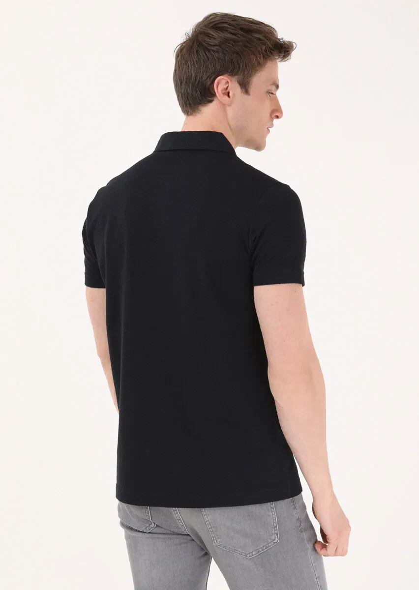 Black Jacquard Polo Neck 100% Cotton T-Shirt - 5