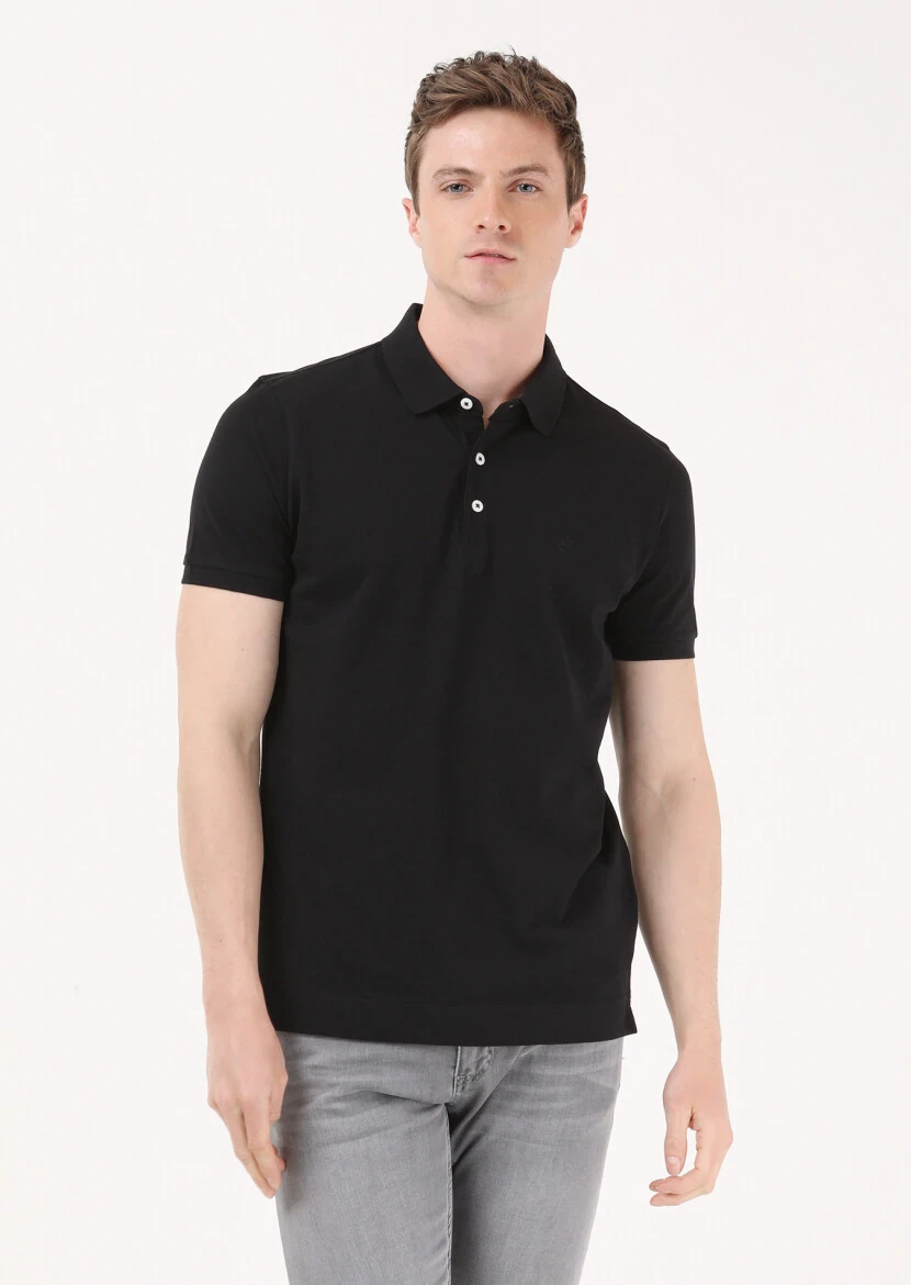 Black Jacquard Polo Neck 100% Cotton T-Shirt - 1