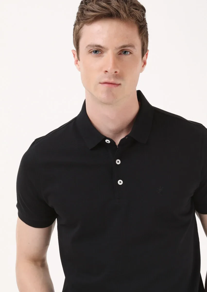 Black Jacquard Polo Neck 100% Cotton T-Shirt - 4