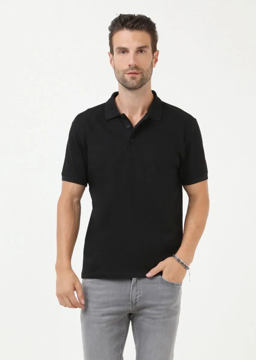 Black Jacquard Polo Neck 100% Cotton T-Shirt - 2