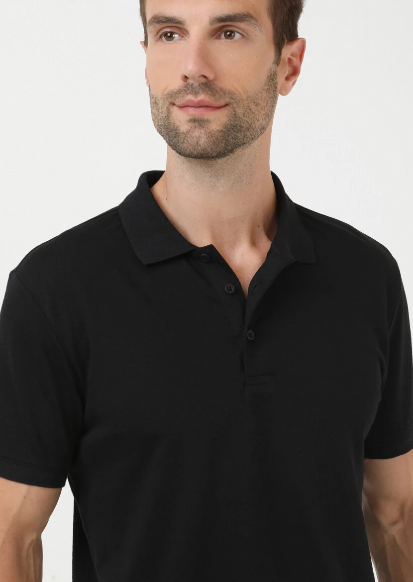 Black Jacquard Polo Neck 100% Cotton T-Shirt - 3