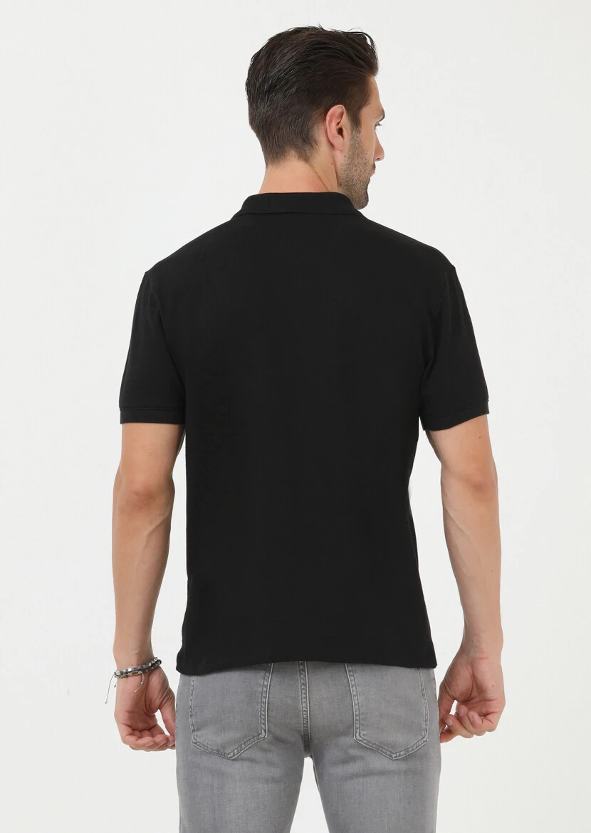 Black Jacquard Polo Neck 100% Cotton T-Shirt - 4