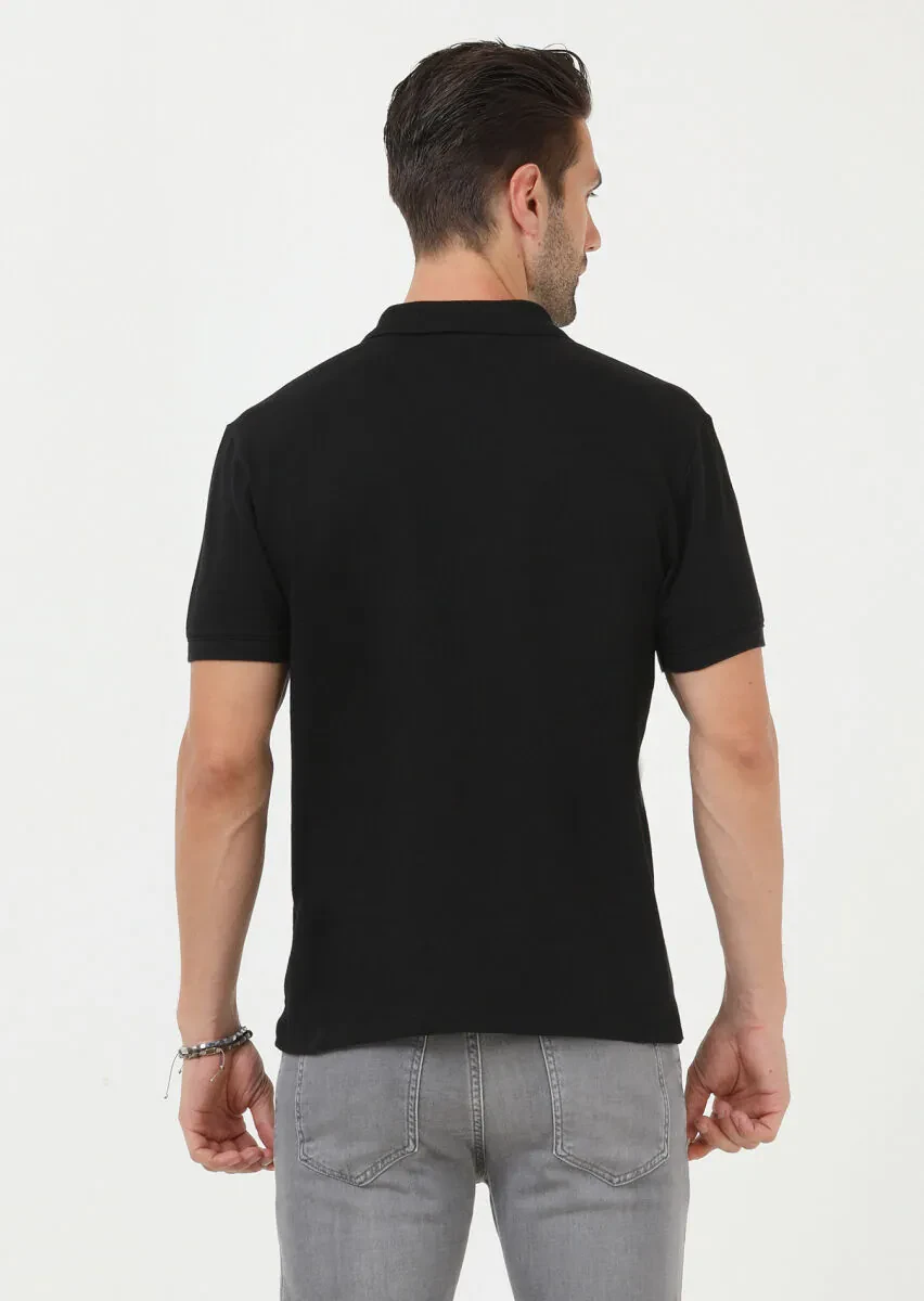 Black Jacquard Polo Neck 100% Cotton T-Shirt - 4