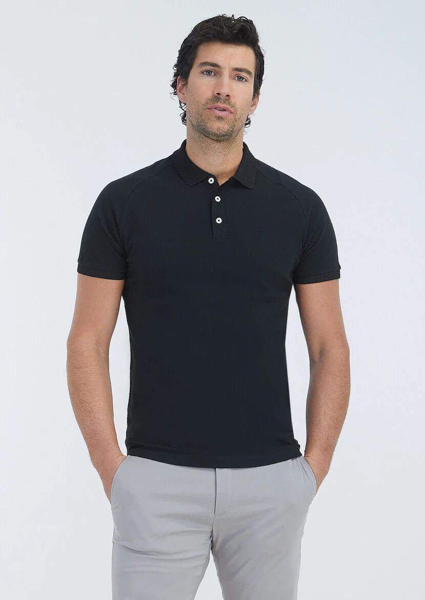 Black Jacquard Polo Neck 100% Cotton T-Shirt 