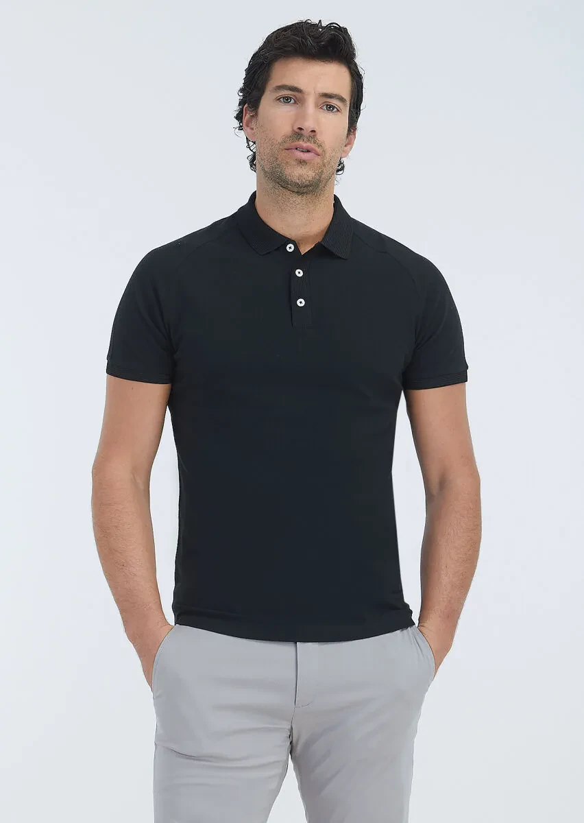Black Jacquard Polo Neck 100% Cotton T-Shirt - 2