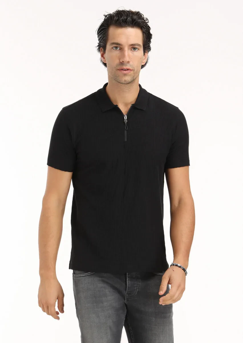 Black Jacquard Polo Neck 100% Cotton T-Shirt - 2