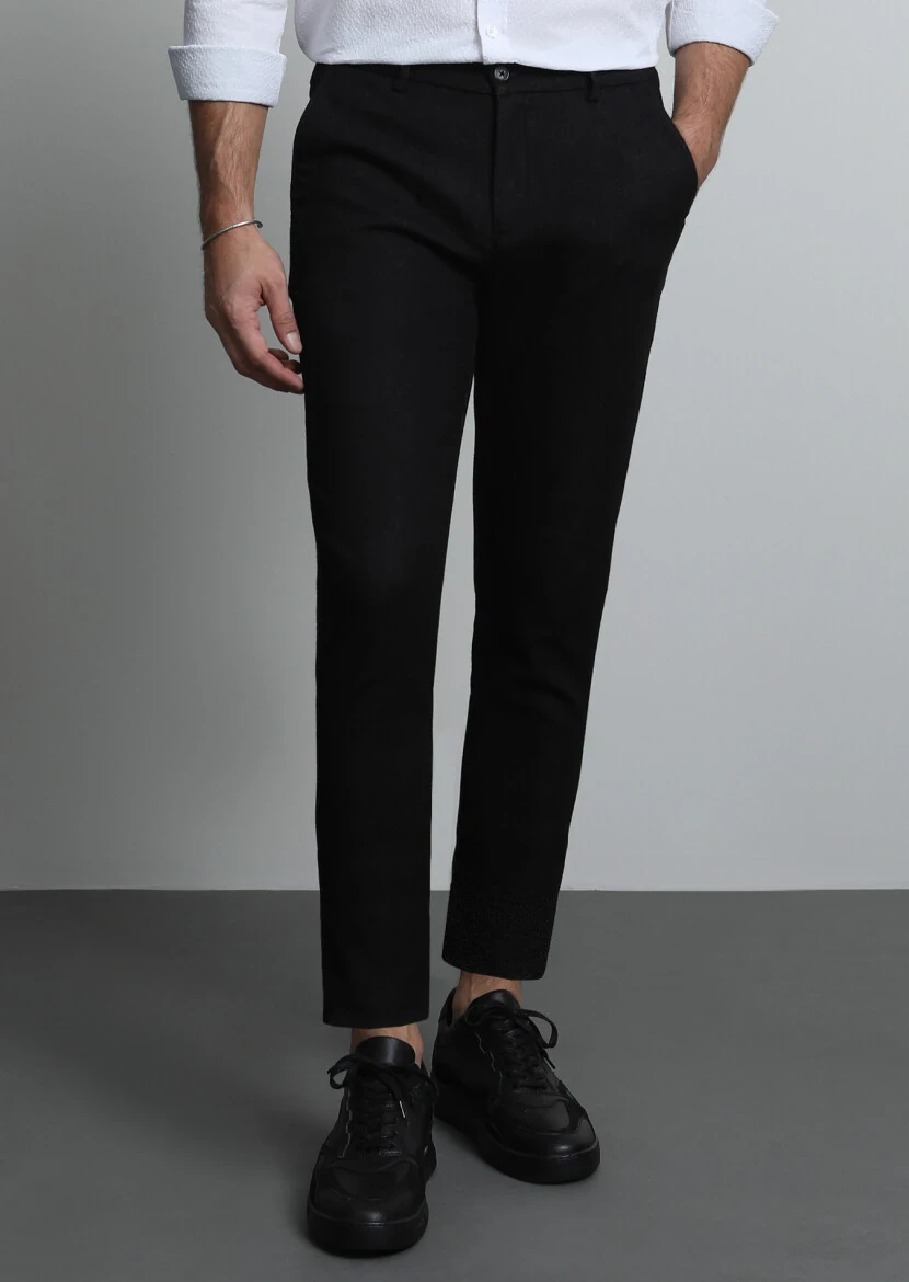 Black Knitting Jogging Fit Casual Cotton Blended Trousers - 2